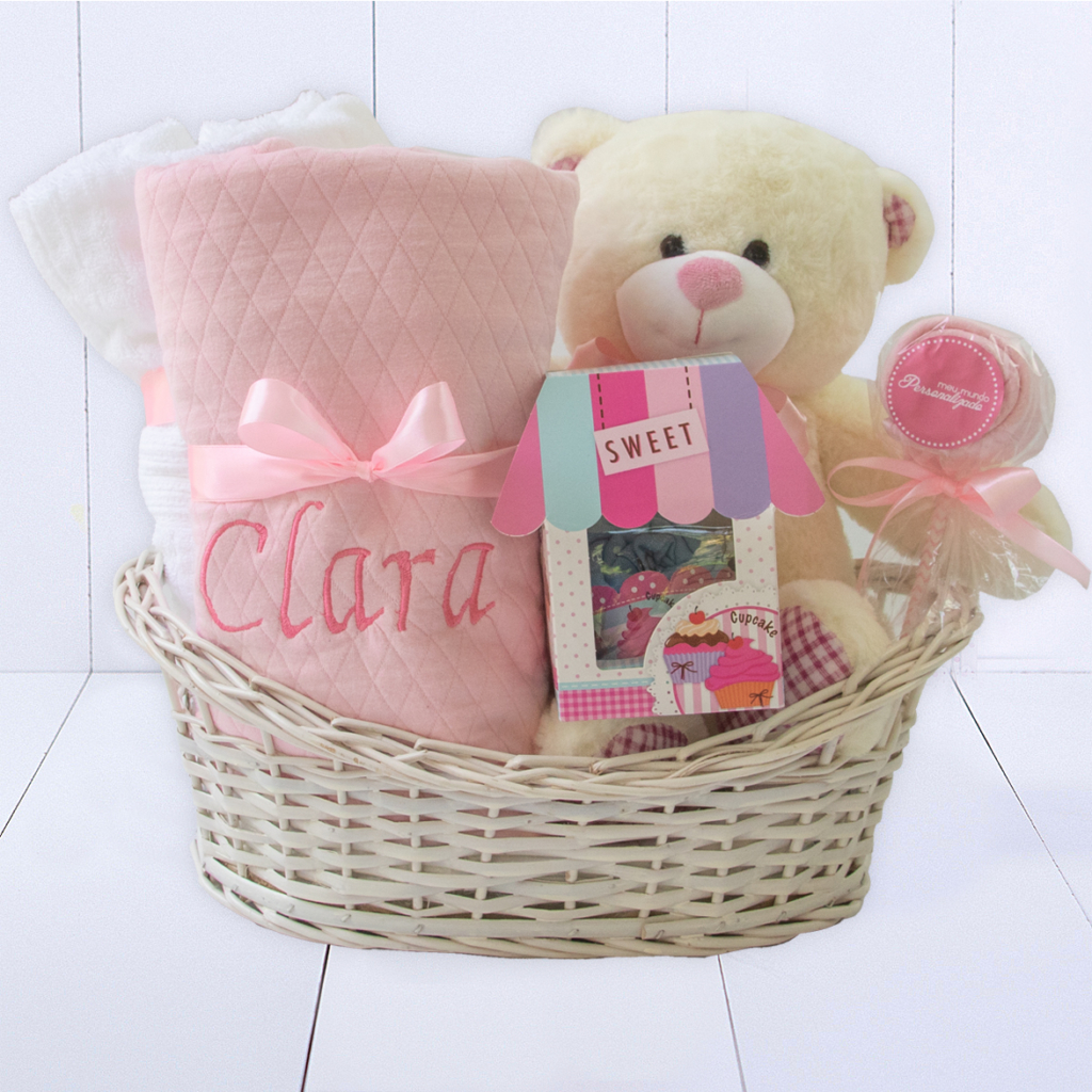 Cesta presente bebe com toalha felpuda rosa meninas