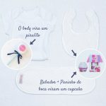 Body, babador e paninho de boca com cupcake e pirulito para cestas e kits bebe – Azul Marinho e branca