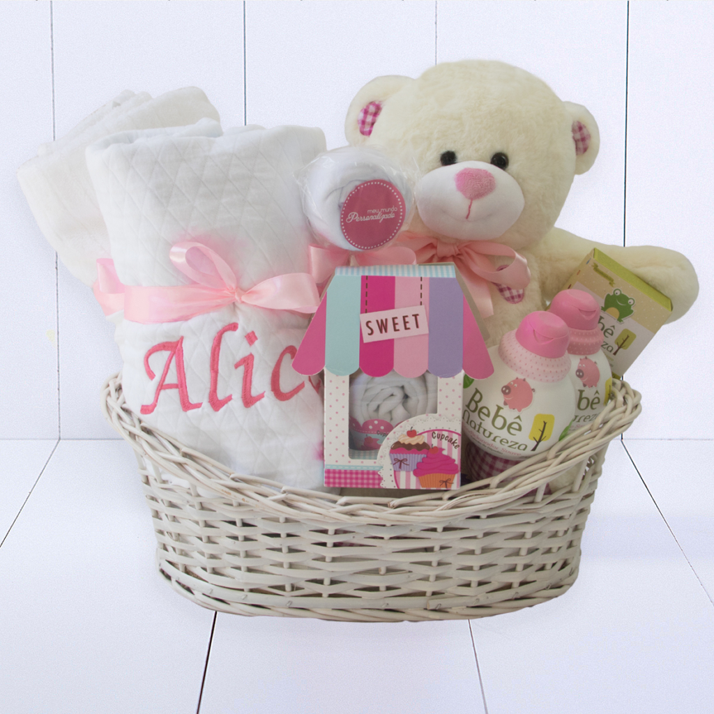 Cesta Nascimento Bebe Com Kit Banho Rosa e Branco