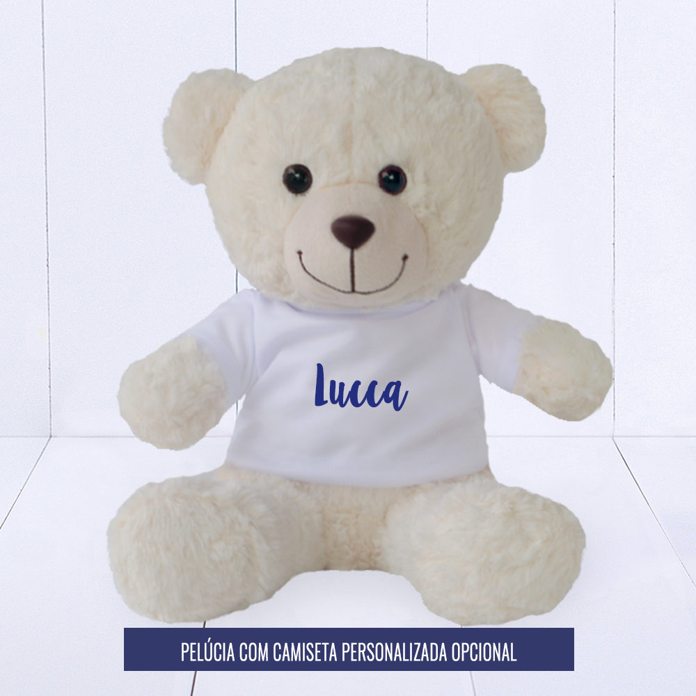 Ursinho com camiseta personalizada para cesta maternidade azul marinho