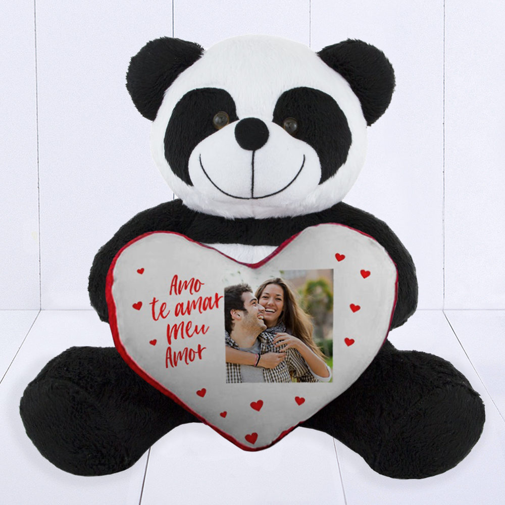 Presente 1 ano de namoro - panda de pelúcia com coração personalizado