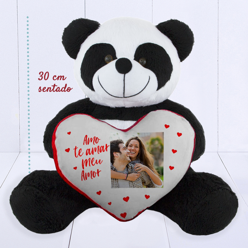 Presente criativo para namorado - panda pelúcia com coração personalizado com foto