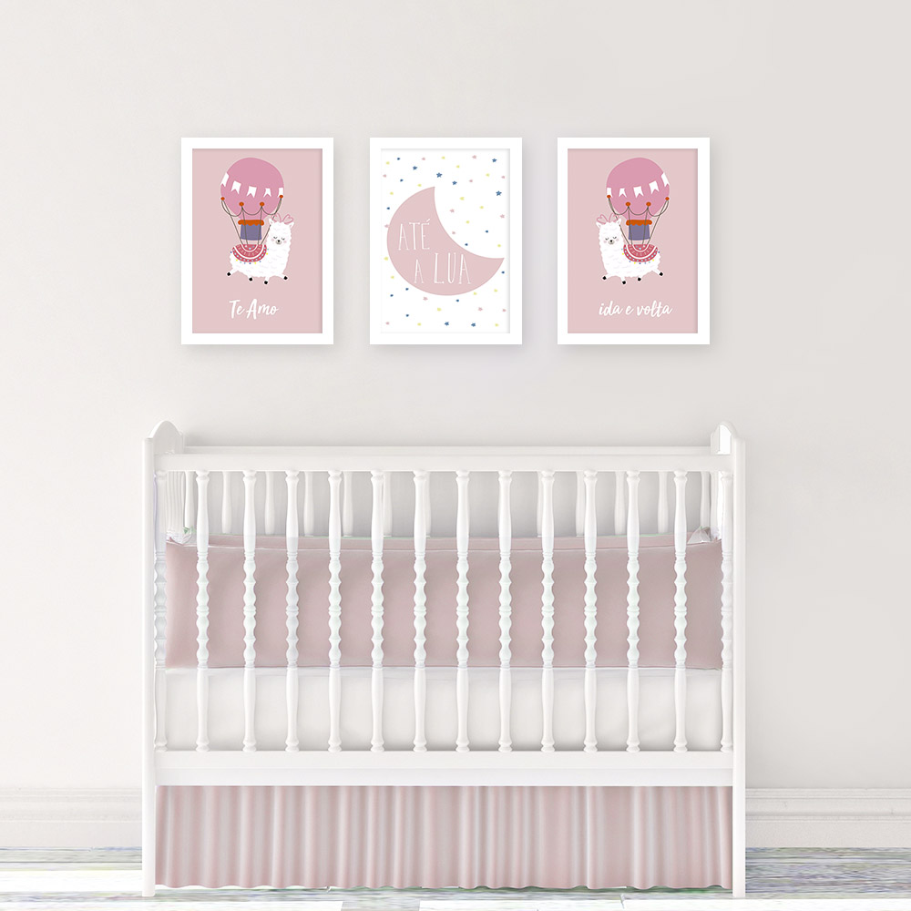 Kit quadros decorativos para quadrto de bebê lhama meninas rosa