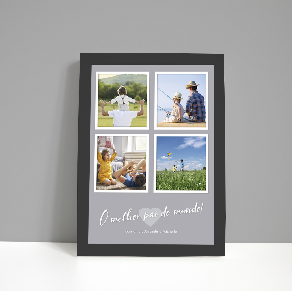 Quadro Dia dos Pais – 4 fotos – moldura preta – fundo cinza