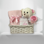 Cesta maternidade rosa com urso camiseta prateleira