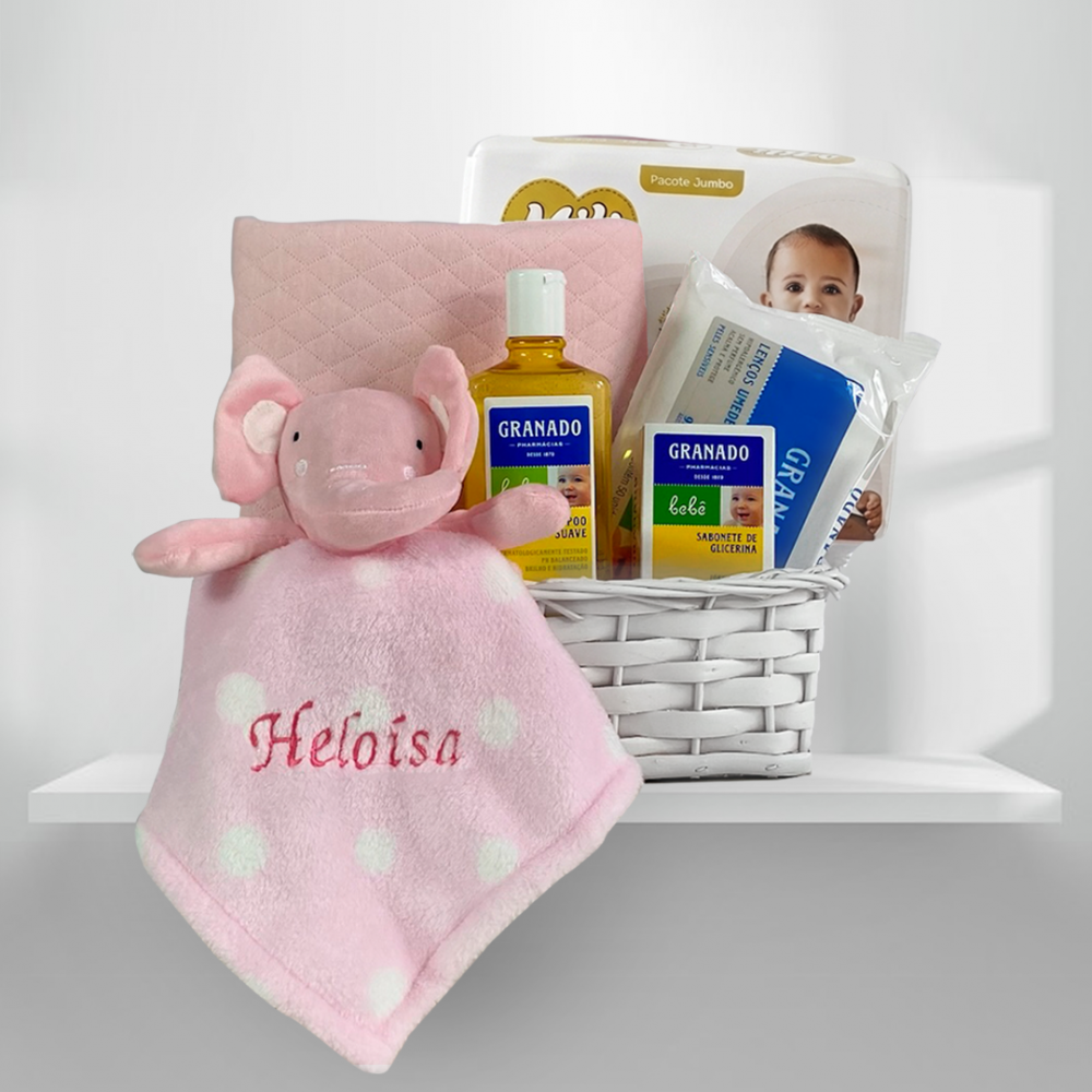 Kit parentalidade corporativo personalizado, babador, naninha do elefantinho e itens higiene bebê