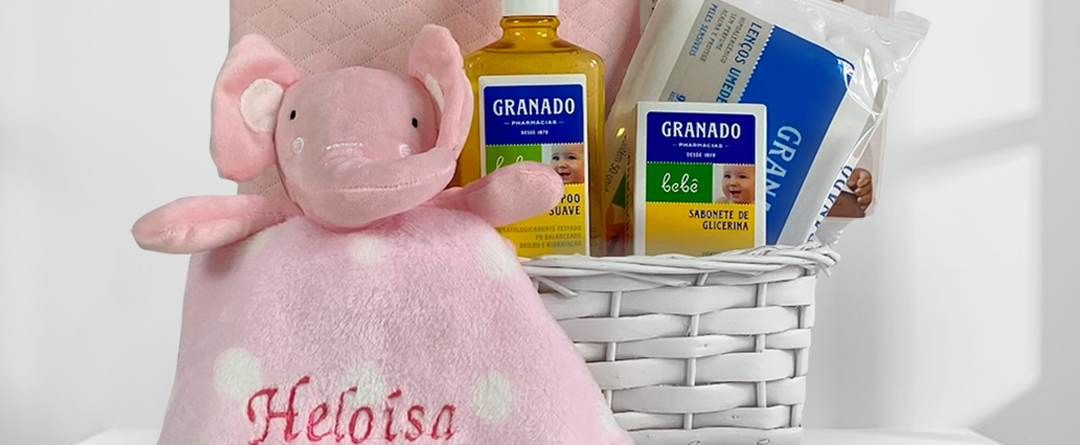 Kit parentalidade corporativo personalizado, babador, naninha do elefantinho e itens higiene bebê