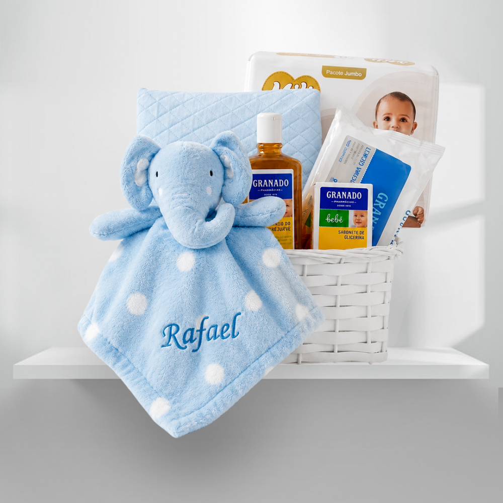 Kit parentalidade corporativo personalizado, babador, naninha do elefantinho e itens higiene bebê