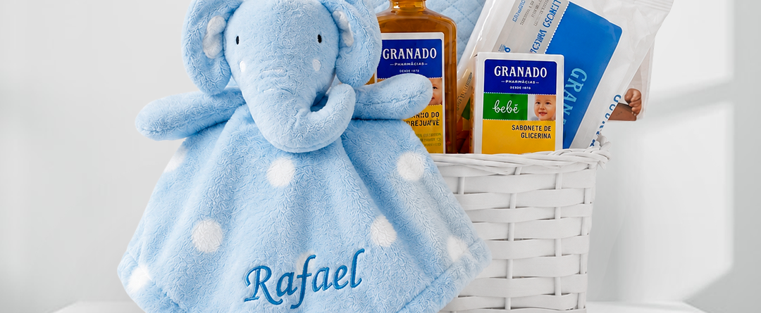 Kit parentalidade corporativo personalizado, babador, naninha do elefantinho e itens higiene bebê