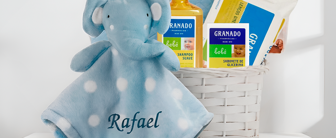 Kit parentalidade corporativo personalizado, babador, naninha do elefantinho e itens higiene bebê