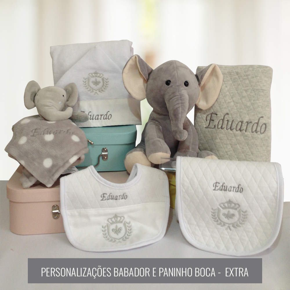 Presente para bebê luxo - cesta cinza com manta, toalha, pelúcia e naninha do elefantinho