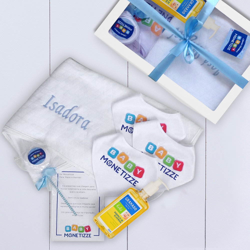 Kit parentalidade corporativo com manta, 3 babadores e body bebê. Comprar