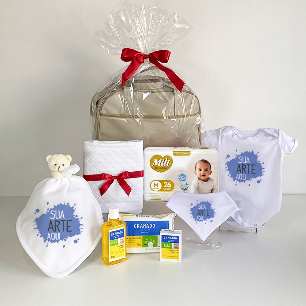 Kit Natalidade Corporativo com Bolsa MatErnidade, body personalizado babador, naninha e itens higiene bebê. Comprar