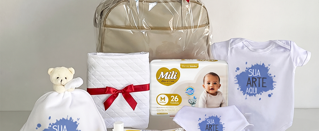 Kit Natalidade Corporativo com Bolsa MatErnidade, body personalizado babador, naninha e itens higiene bebê. Comprar