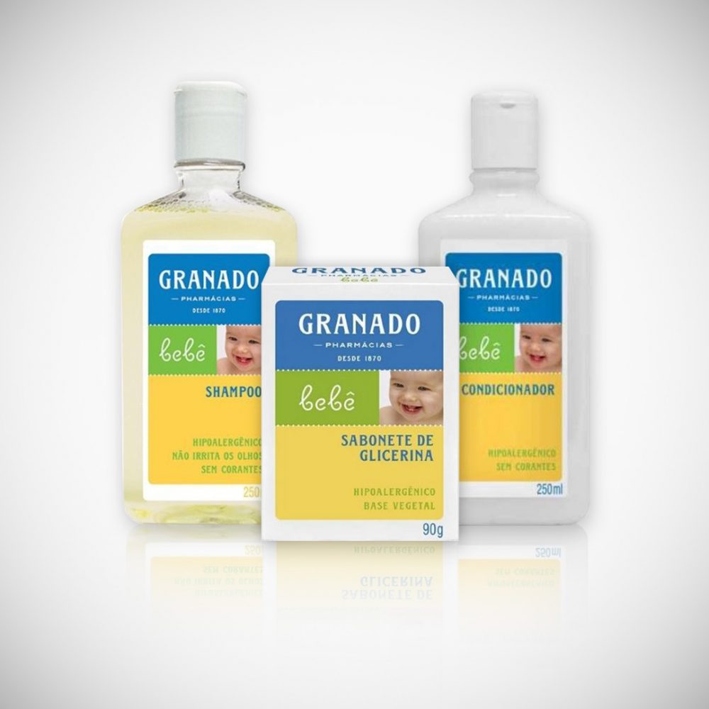 Itens higiene Granado para kit bebê corporativo - shampoo, condicionador e sabonete em barra