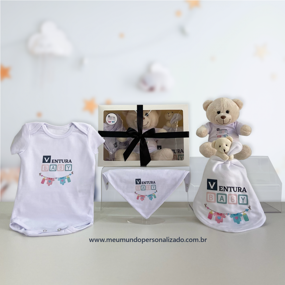 Kit natalidade corporativo com ursinho, babador, body e naninha personalizado com logo ou arte