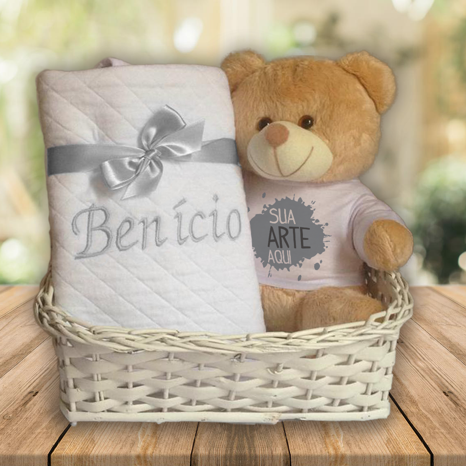 Kit bebê corporativo com manta branca e urso personalizado