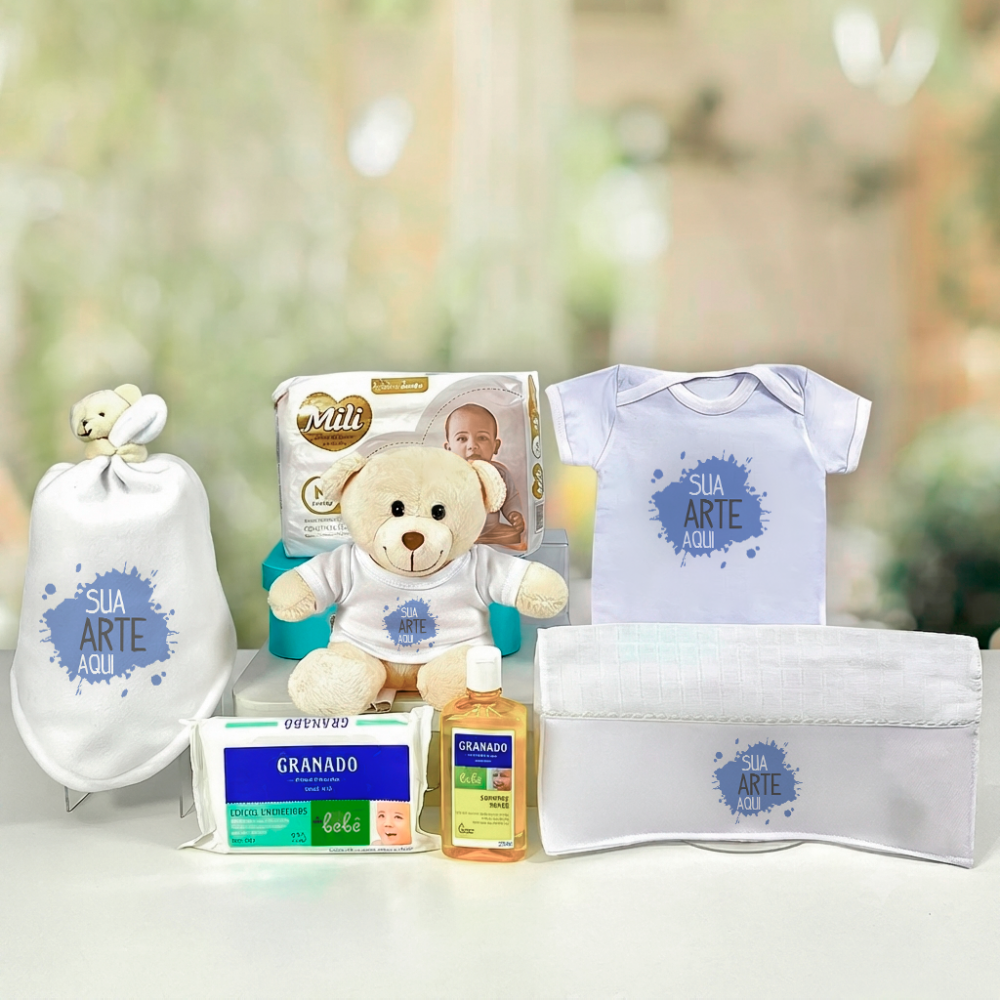 Cesta Bebê Corporativa com Naninha e Ursinho Personalizados