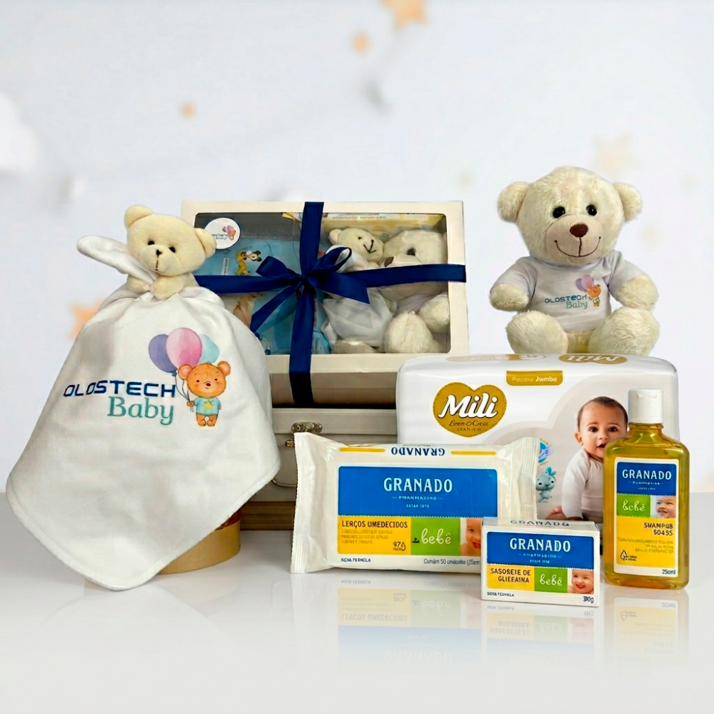 Kit Natalidade corporativo com Ursinho e naninha perosnalizados, lenço umedecido, shampoo e sabonete granado e fraldas descartáveis