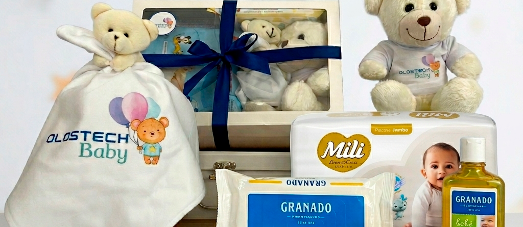 Kit Natalidade corporativo com Ursinho e naninha perosnalizados, lenço umedecido, shampoo e sabonete granado e fraldas descartáveis