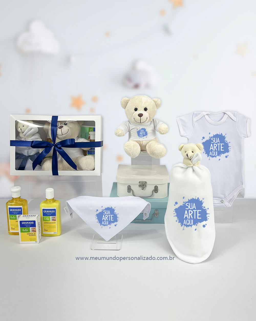 Kit Parentalidade corporativo com body, naninha, babador, ursinho e kit higiene