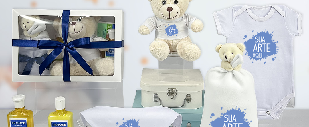 Kit Parentalidade corporativo com body, naninha, babador, ursinho e kit higiene