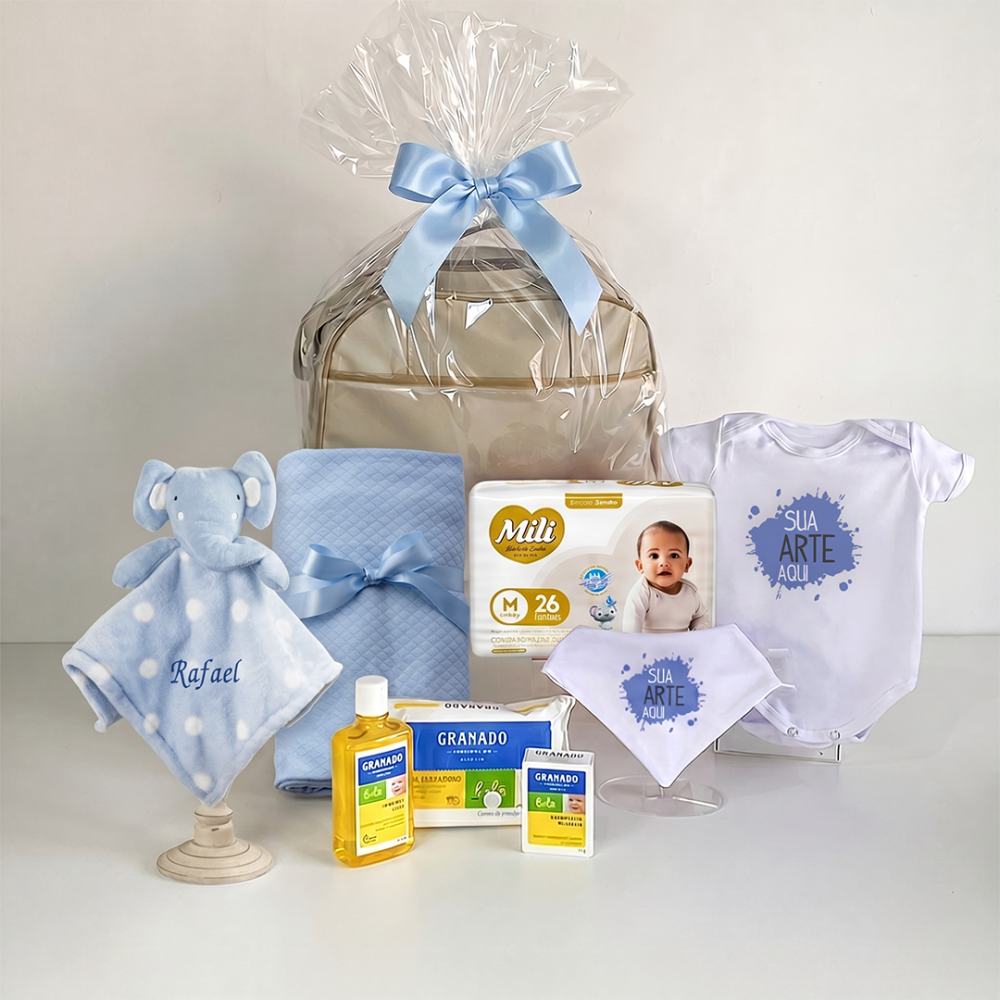 Kit parentalidade corporativo modelo 4 com bolsa maternidade, trocador, body personalizado, babador, naninha do elefantinho e itens higiene bebê