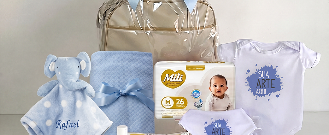 Kit parentalidade corporativo modelo 4 com bolsa maternidade, trocador, body personalizado, babador, naninha do elefantinho e itens higiene bebê
