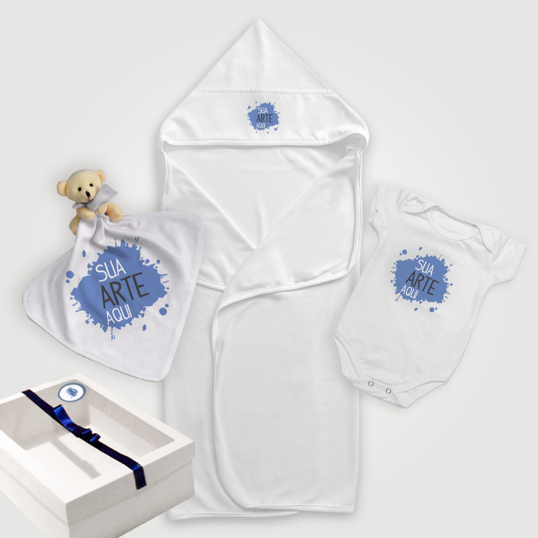 Kit Bebê Corporativo Toalha de Banho c Capuz, Body e Naninha – Personalizados com Logo-Arte