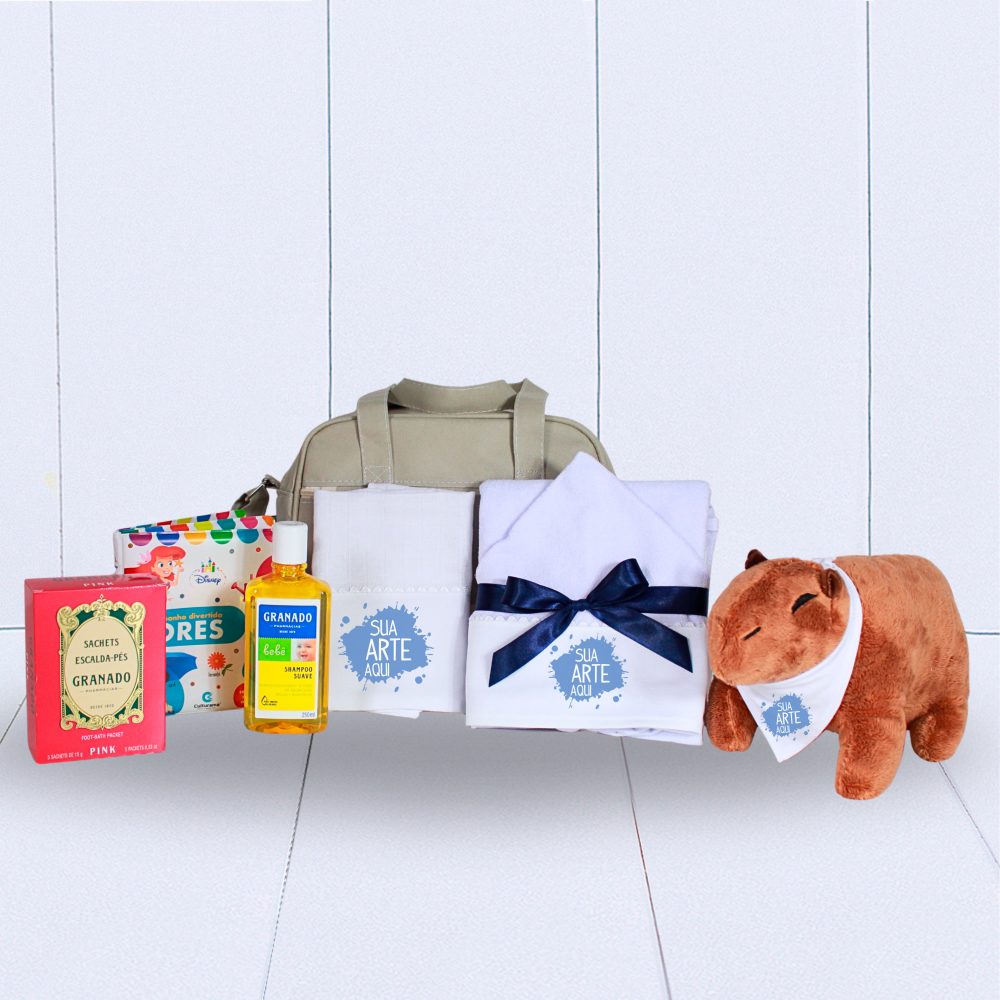 Kit Mamãe Bebê c. Bolsa frasqueira, Toalha, Paninho de boca de fralda, Shampoo Granado,Livro de banho, Caixa com sachês escalda-pés