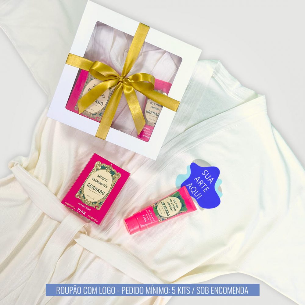 Kit Corporativo com roupão personalizado, gel para pernas cansadas e saches escalda pés. Comprar