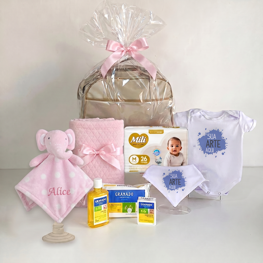 Kit parentalidade corporativo modelo 4 Rosa contendo bolsa maternidade, trocador, body personalizado, babador, naninha do elefantinho e itens higiene bebê