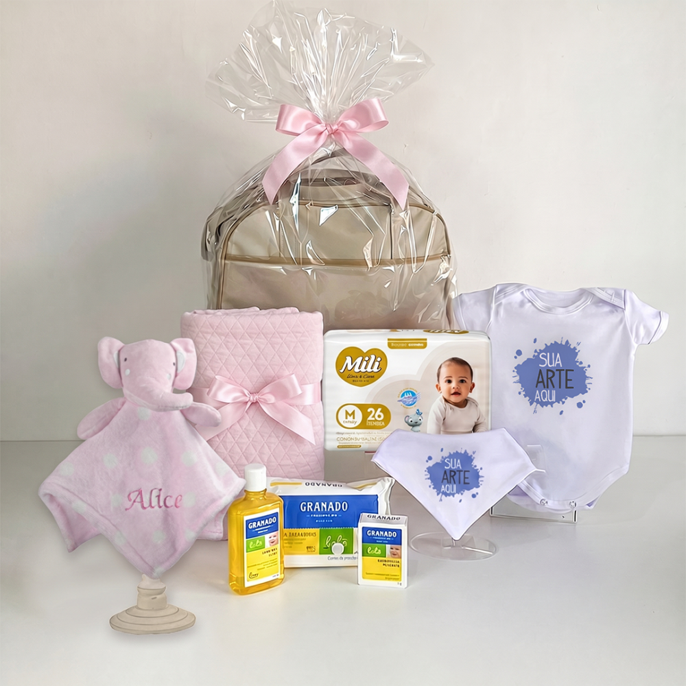 Kit parentalidade corporativo modelo 4 Rosa contendo bolsa maternidade, trocador, body personalizado, babador, naninha do elefantinho e itens higiene bebê
